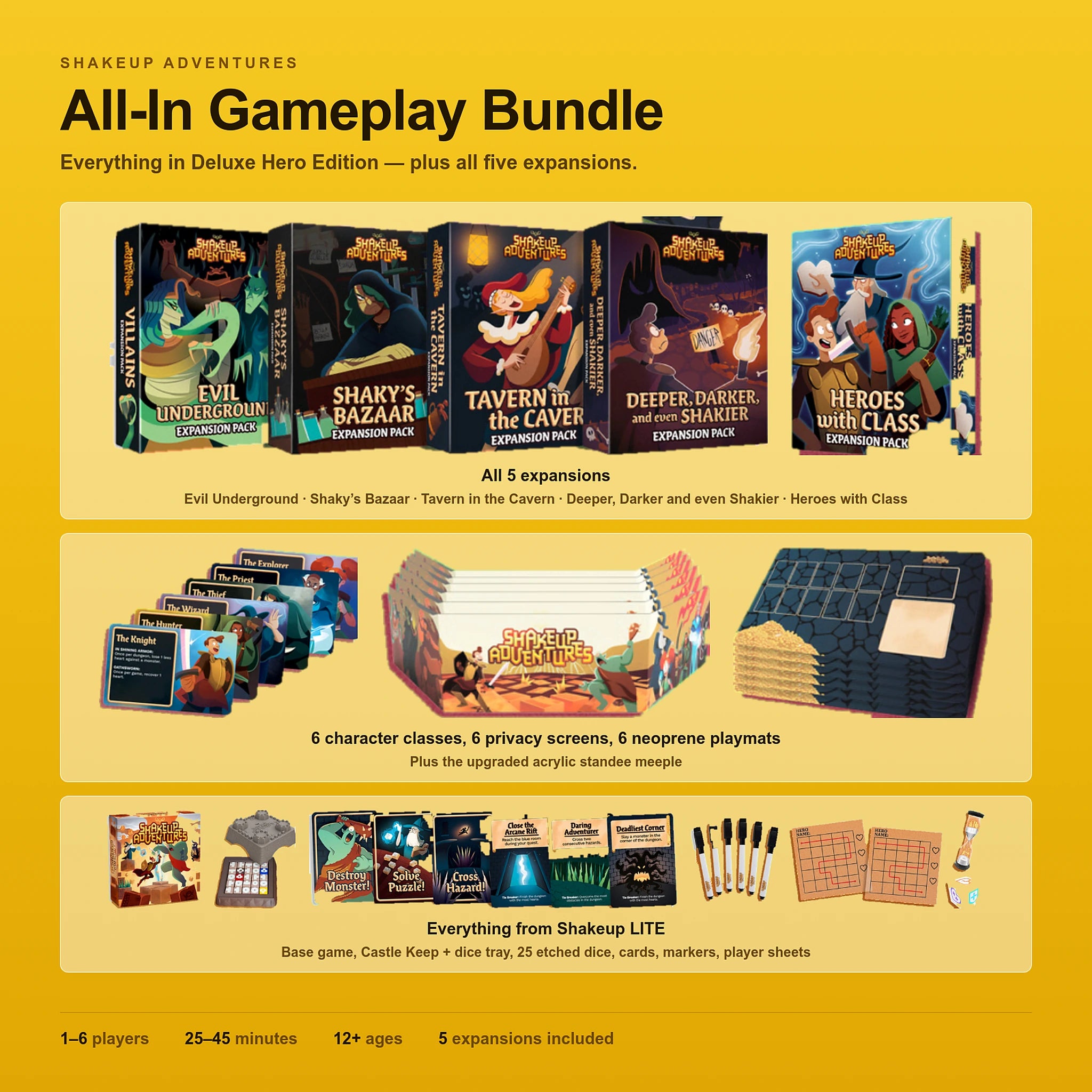 All-In Gameplay Bundle: all five Shakeup Adventures expansion packs, character class cards, privacy screens and neoprene playmats