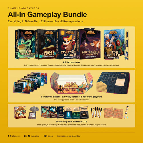 All-In Gameplay Bundle: all five Shakeup Adventures expansion packs, character class cards, privacy screens and neoprene playmats