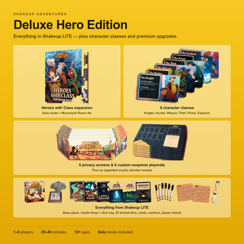 Deluxe Hero Edition contents: Heroes with Class expansion, six character class cards, privacy screens and neoprene playmats